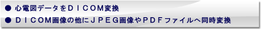 心電図データをDICOM変換。DICOM画像のほかにJPEG画像やPDFファイルへ同時変換 心電図データをDICOM変換。DICOM画像のほかにJPEG画像やPDFファイルへ同時変換